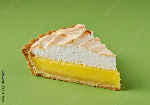 A Slice of Lemon Meringue Pie on Green Background
