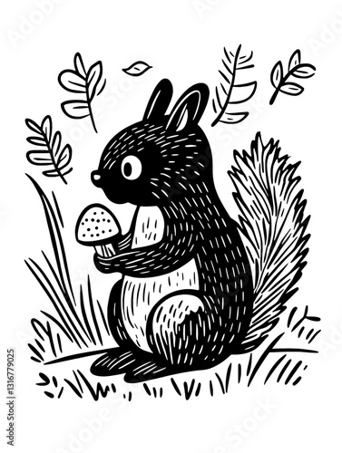 Charming squirrel holding a mushroom in a serene forest setting during autumn