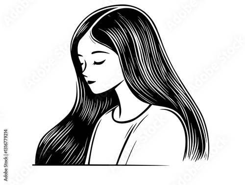 Elegant illustration of a serene woman with flowing hair in a tranquil pose, exuding calmness and grace