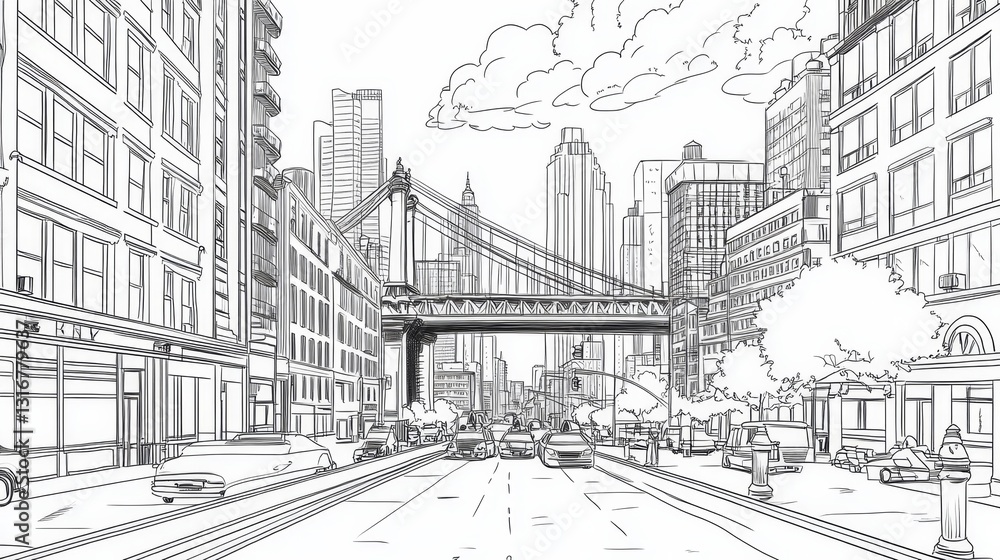 Obraz premium New York City Line Art Coloring Page - Single line drawing of a New York City street scene, featuring a bridge, skyscrapers, cars, and trees. Symbolizing urban life, architecture, transportation