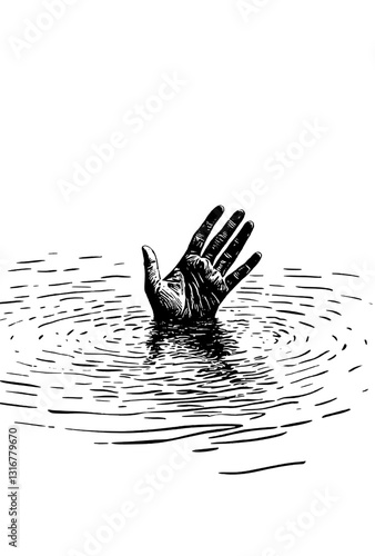 Expressing desperation through a hand reaching out from calm waters in a hauntingly artistic design