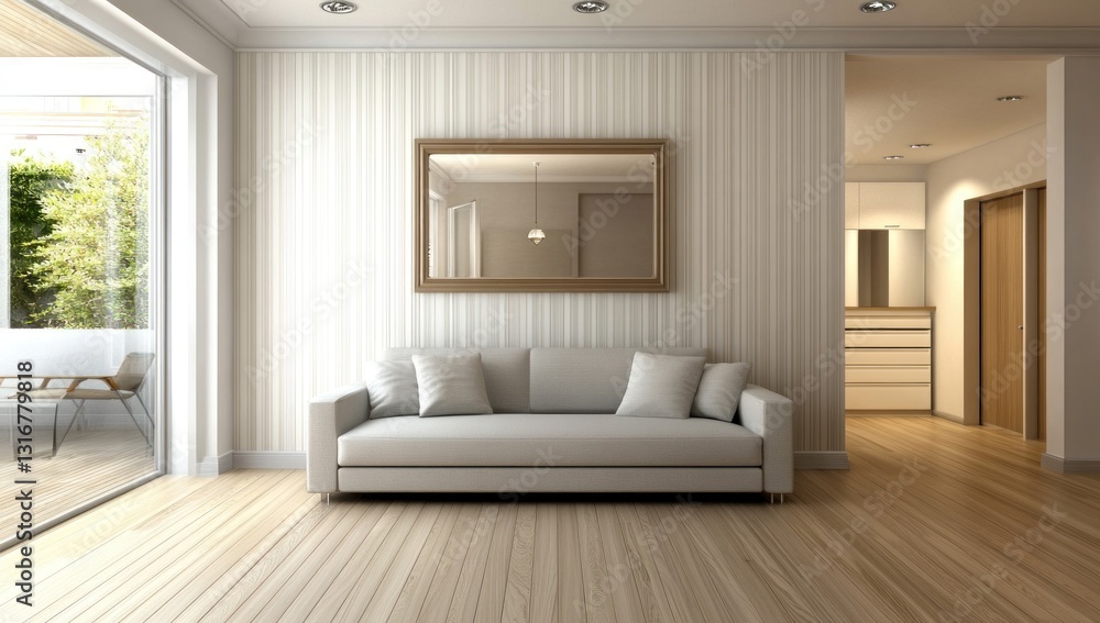 Fototapeta premium Modern living room with sofa, mirror, and patio doors.
