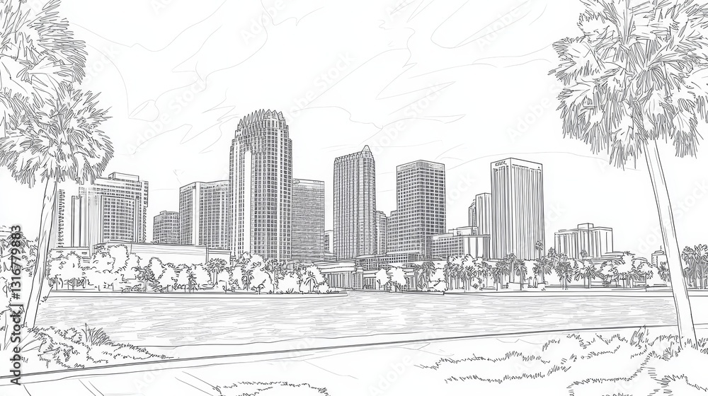 Fototapeta premium Orlando Skyline Line Art Drawing - Single line drawing of Orlando's cityscape, symbolizing urban life, nature, architecture, tourism, and Florida's beauty