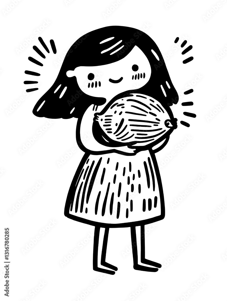 Fototapeta premium Joyful girl holding a large lemon with excitement in a whimsical, hand-drawn style