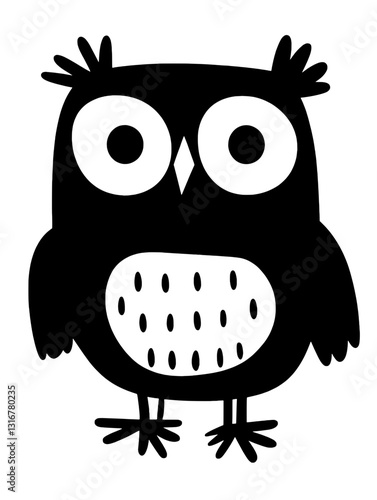 Charming black and white illustration of a whimsical owl standing proudly with oversized eyes in a playful vector design