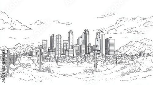 Phoenix Skyline Line Art Drawing - Single line drawing of Phoenix Arizona cityscape, symbolizing urban growth, desert landscape, architectural design, southwestern charm, and artistic expression