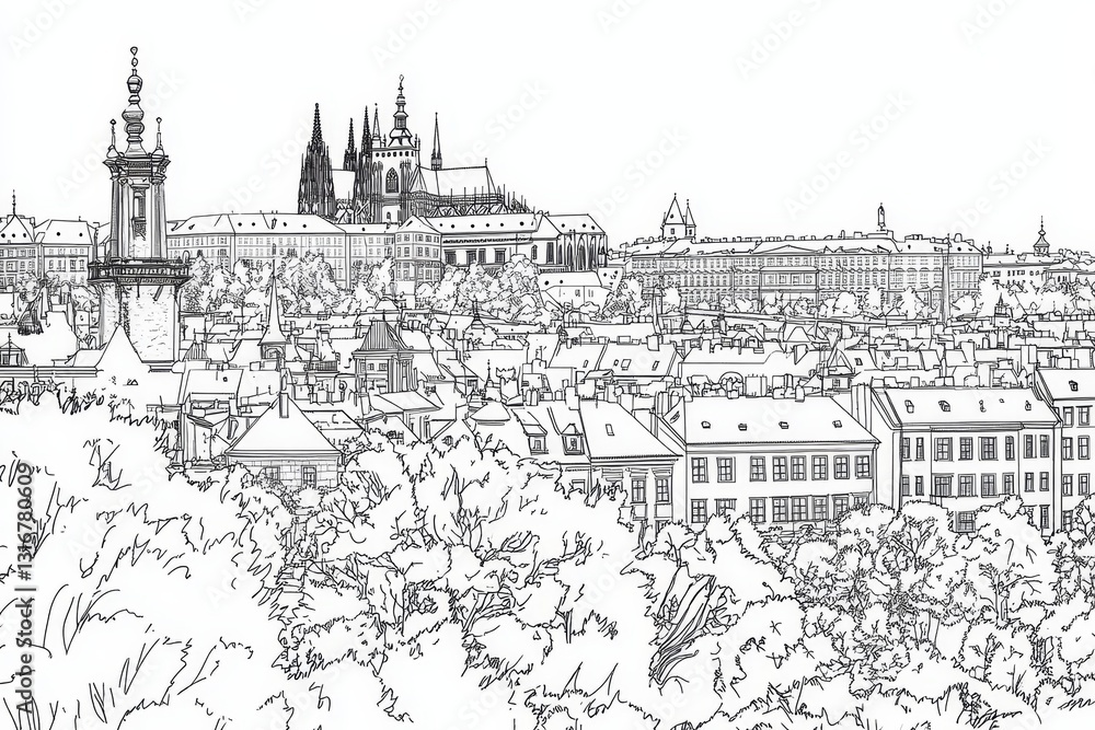 Obraz premium Prague Skyline Line Art Coloring Page - Single line drawing of Prague cityscape, symbolizing architecture, history, travel, culture, and beauty. A detailed coloring page