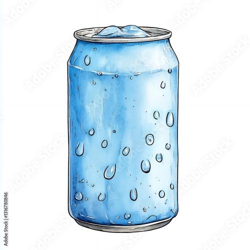 Blue Aluminum Can with Water Droplets Isolated on White Background Illustration