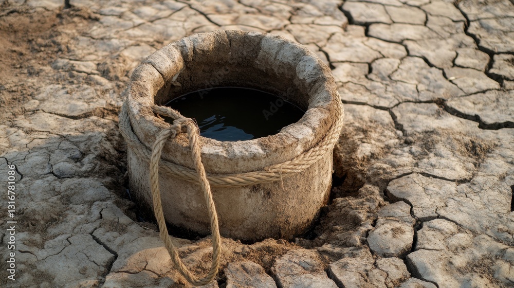 A village well sits amid dry, cracked earth, featuring a rope and bucket, capturing the essence of water scarcity and daily life in an African community A village well sits amid dry, cracked earth, featuring a rope and bucket, capturing the essence of water scarcity and daily life in an African community