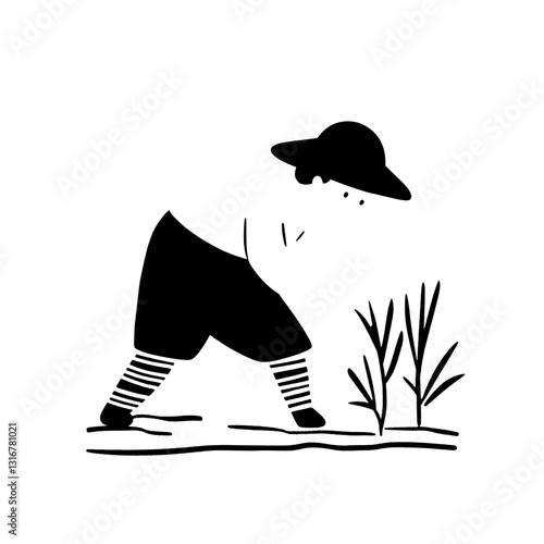 Harvesting time in a peaceful field with a diligent farmer tending to crops during a sunny afternoon