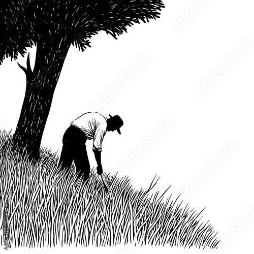 Laboring in the serene fields beneath a grand tree, a figure cultivates the earth during a tranquil afternoon