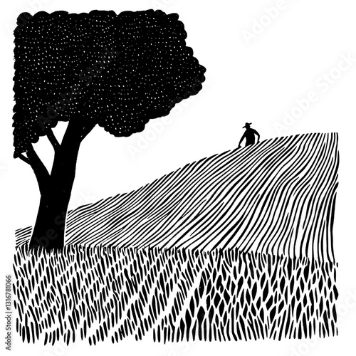 Man tending to crops on a rolling hillside beneath a large tree in an abstract vector landscape