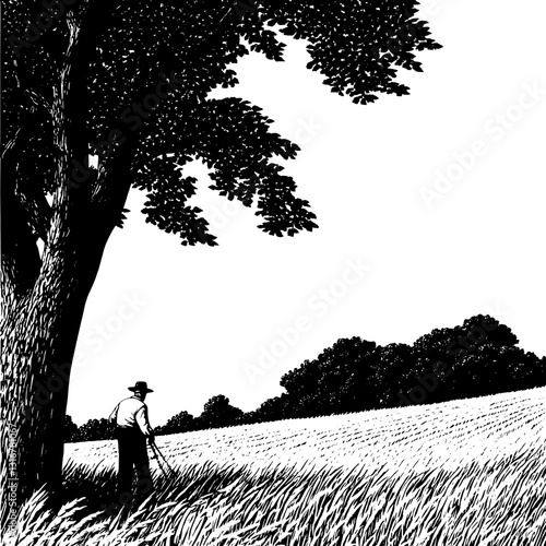 Gentle breeze caresses golden fields as a farmer stands beneath a tree enjoying the tranquility of rural life