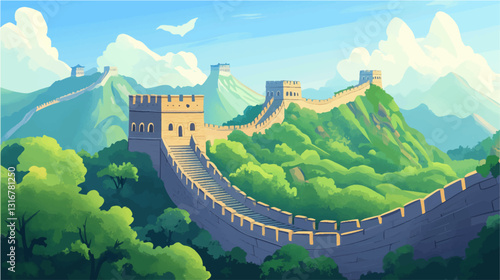 Great Wall, historical fortification, Chinese landmark vector illustration 