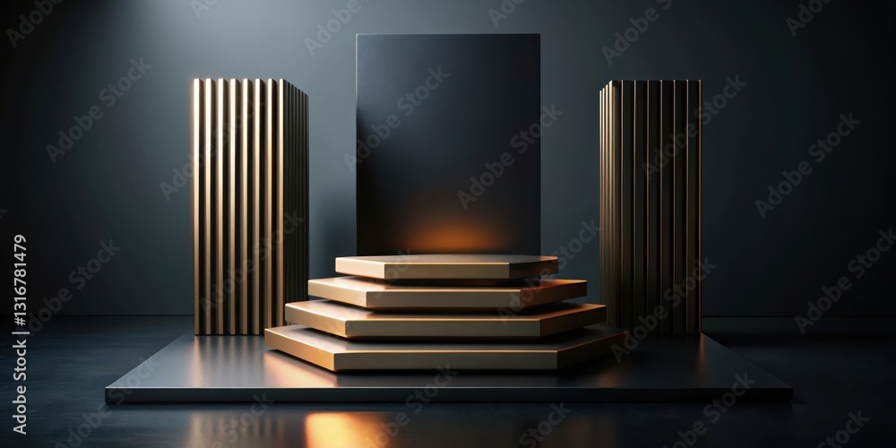 Fototapeta premium Elegant Hexagonal Podium with Golden Accents and Dark Background for Product Display