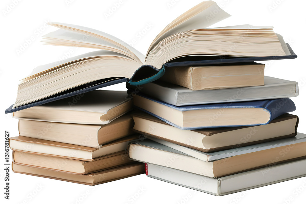 Stacked books with an open book on top, inviting readers to explore literary worlds and knowledge Stacked books with an open book on top, inviting readers to explore literary worlds and knowledge