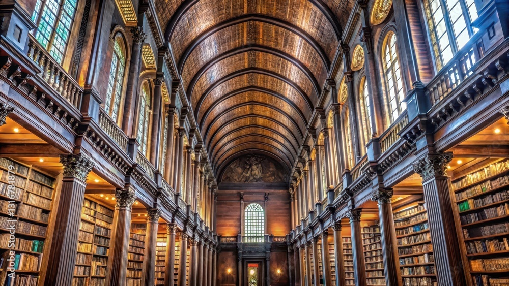 Fototapeta premium High ceiling with ornate wood carvings and large stained glass windows in the interior of historic Trinity College Library Dublin , Dublin, ancient