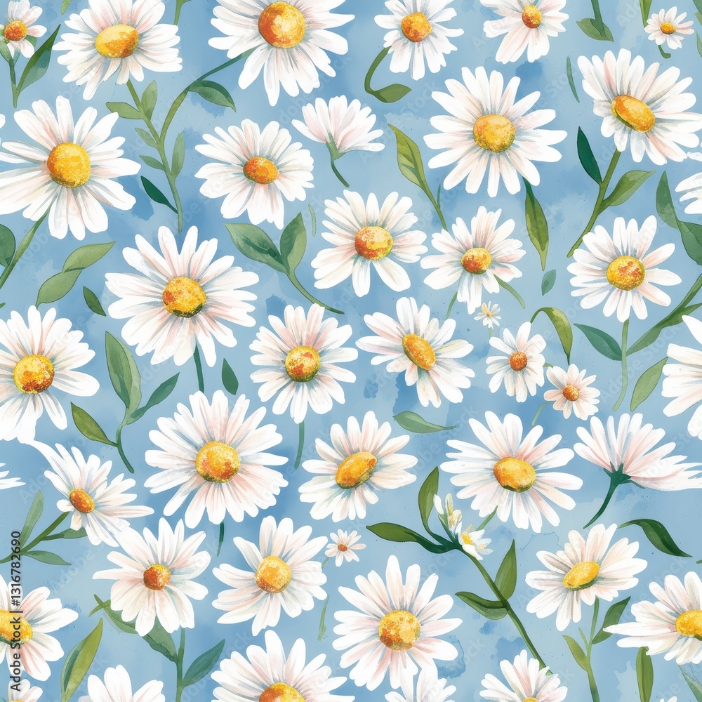 Watercolor Seamless Pattern of Daisies White Flowers on Blue Background Floral Textile Design Watercolor Seamless Pattern of Daisies White Flowers on Blue Background Floral Textile Design