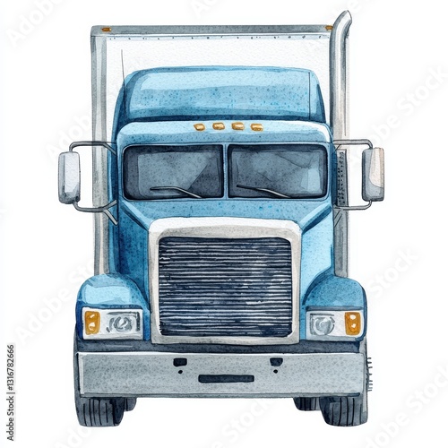 Big Rig Semi Truck Blue Cabover Watercolor Illustration Freight Transport Delivery Vehicle photo