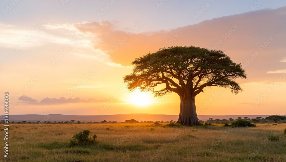 Tree at Sunset in Open Savannah Landscape Tree at Sunset in Open Savannah Landscape