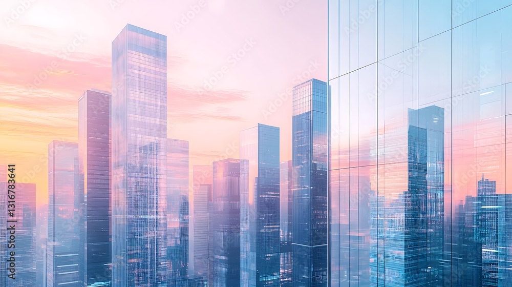 A futuristic city skyline at sunset, bathed in soft pastel hues, with skyscrapers reflecting a gradient of warm pinks and cool blues, the sky seamlessly blending into the glass facades. A futuristic city skyline at sunset, bathed in soft pastel hues, with skyscrapers reflecting a gradient of warm pinks and cool blues, the sky seamlessly blending into the glass facades.
