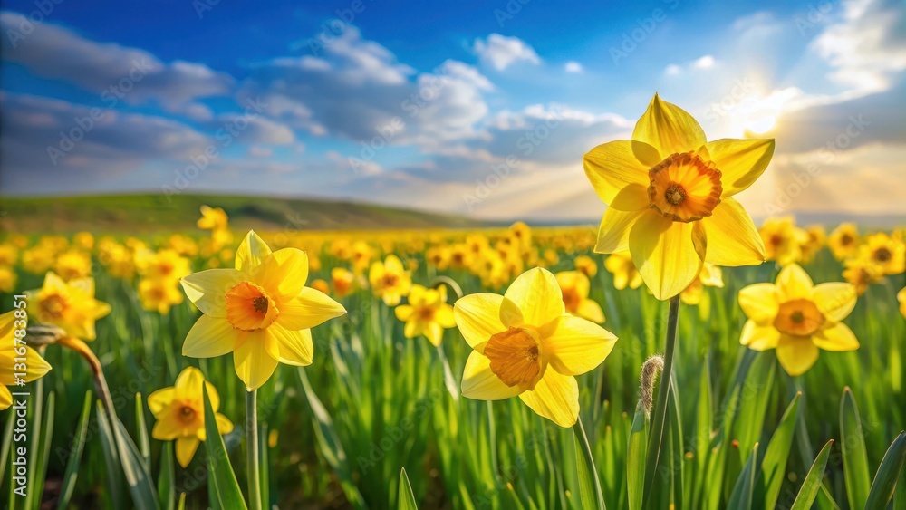 Fototapeta premium Bright yellow daffodil flowers swaying gently in the breeze amidst a sea of green grass in a vast open field , sunny