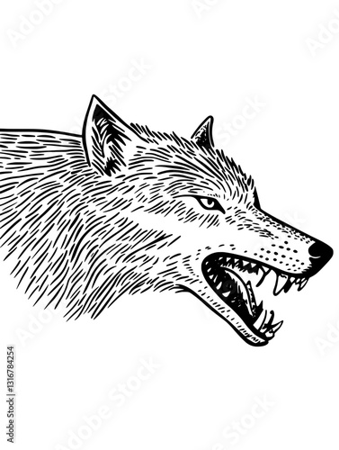 Wild wolf head howling fiercely under a full moon shining through ancient trees in a mysterious forest setting