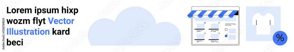 Cloud, online store webpage, discount t-shirt symbolize e-commerce, cloud data storage, digital marketing. Ideal for online shopping, e-commerce solutions, business websites, cloud services Cloud, online store webpage, discount t-shirt symbolize e-commerce, cloud data storage, digital marketing. Ideal for online shopping, e-commerce solutions, business websites, cloud services