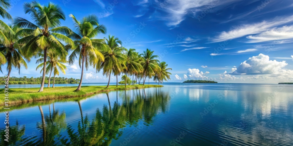 A serene tropical landscape with a bright blue sky A serene tropical landscape with a bright blue sky
