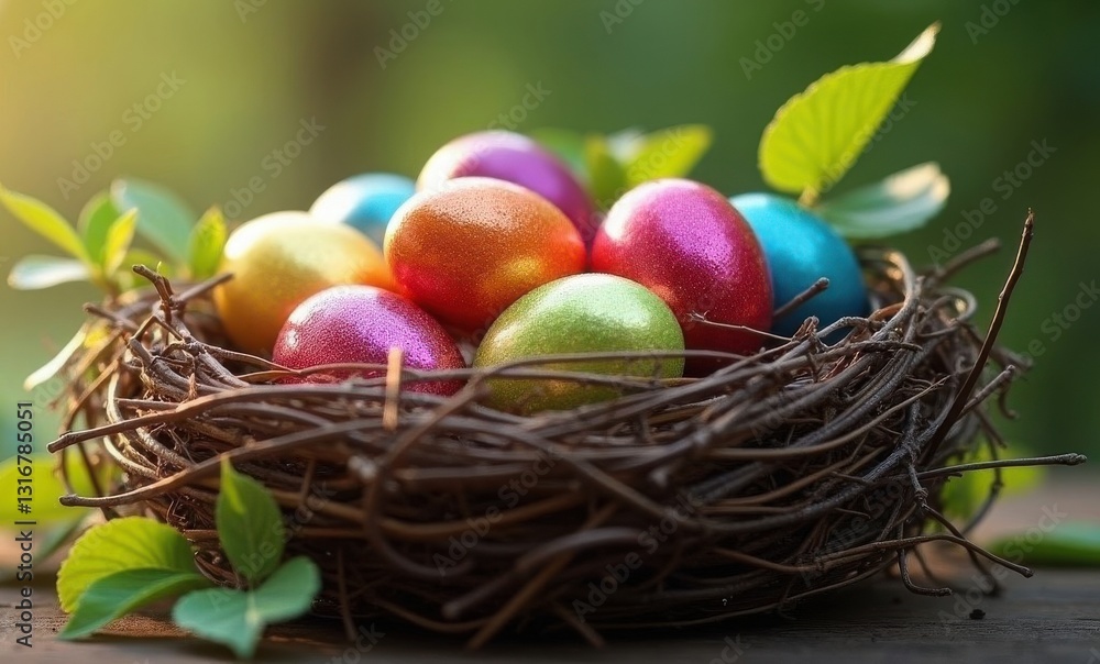 Obraz premium Colorful Easter eggs nestled in a woven nest. Spring, holiday themes