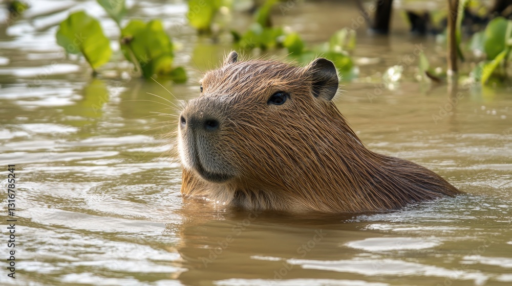 Capybara emerging from the tranquil water of South American wetlands Capybara emerging from the tranquil water of South American wetlands