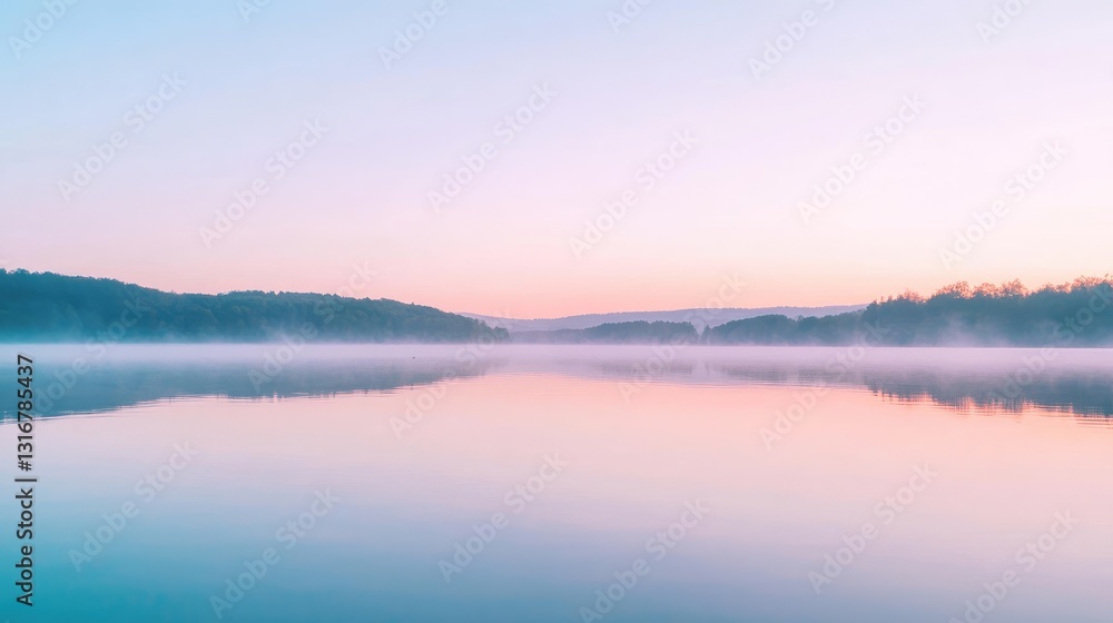 Serene Misty Lake Reflection at Dawn with Soft Pastel Colors and Calm Water Surface in Nature's Tranquil Setting Serene Misty Lake Reflection at Dawn with Soft Pastel Colors and Calm Water Surface in Nature's Tranquil Setting
