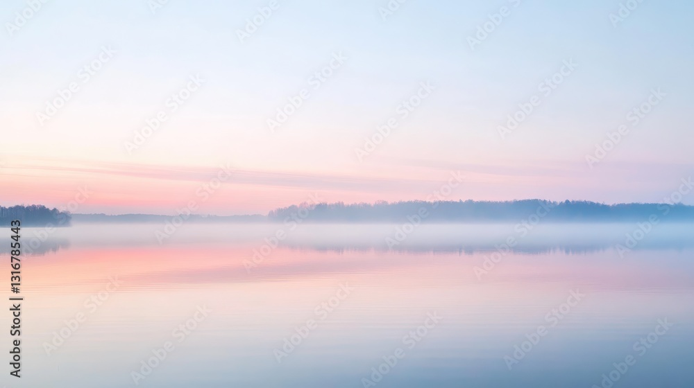 Fototapeta premium Serene Morning Lake Landscape with Misty Water and Soft Pastel Sky Colors at Dawn