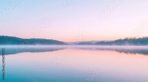 Wallpaper Mural Serene Misty Lake Reflection at Dawn with Soft Pastel Colors and Calm Water Surface in Nature's Tranquil Setting Torontodigital.ca