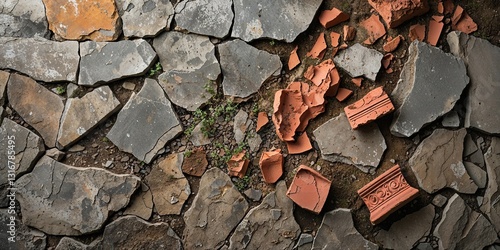 Ground level full frame shot of stone rubble and broken red bricks with earth photo