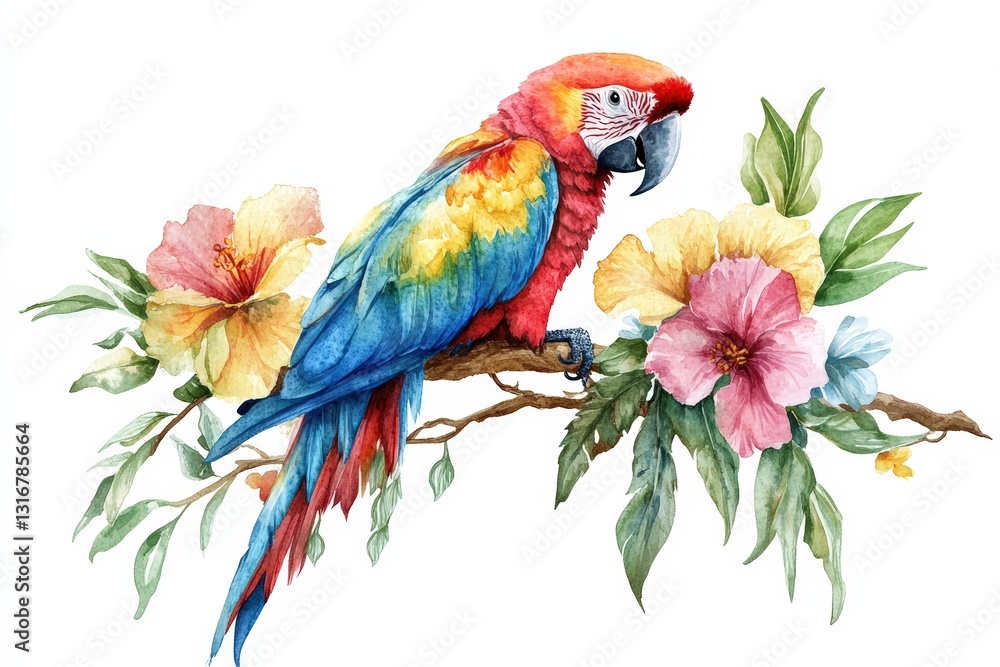 Fototapeta premium Vibrant Watercolor Parrot Perched Among Colorful Tropical Flowers