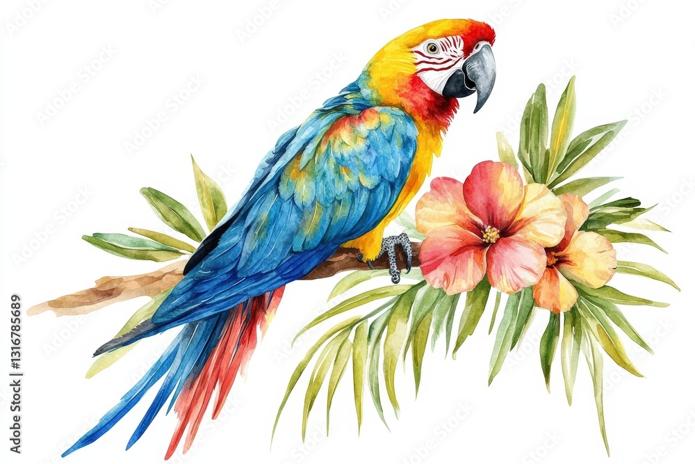 Fototapeta premium Vibrant Macaw Parrot Perched on Tropical Plant with Flower