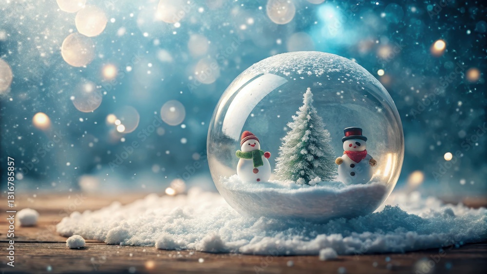 Miniature winter scene inside a transparent glass globe with snowflakes and tiny snowmen Miniature winter scene inside a transparent glass globe with snowflakes and tiny snowmen