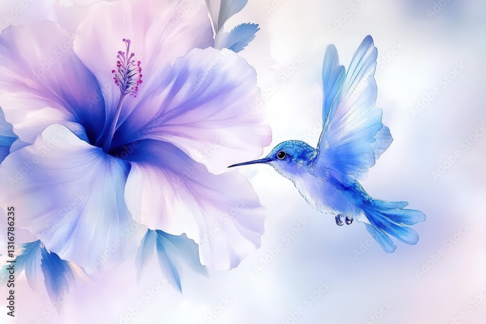 Obraz premium A Serene Blue Hummingbird Approaching a Vibrant Hibiscus Flower