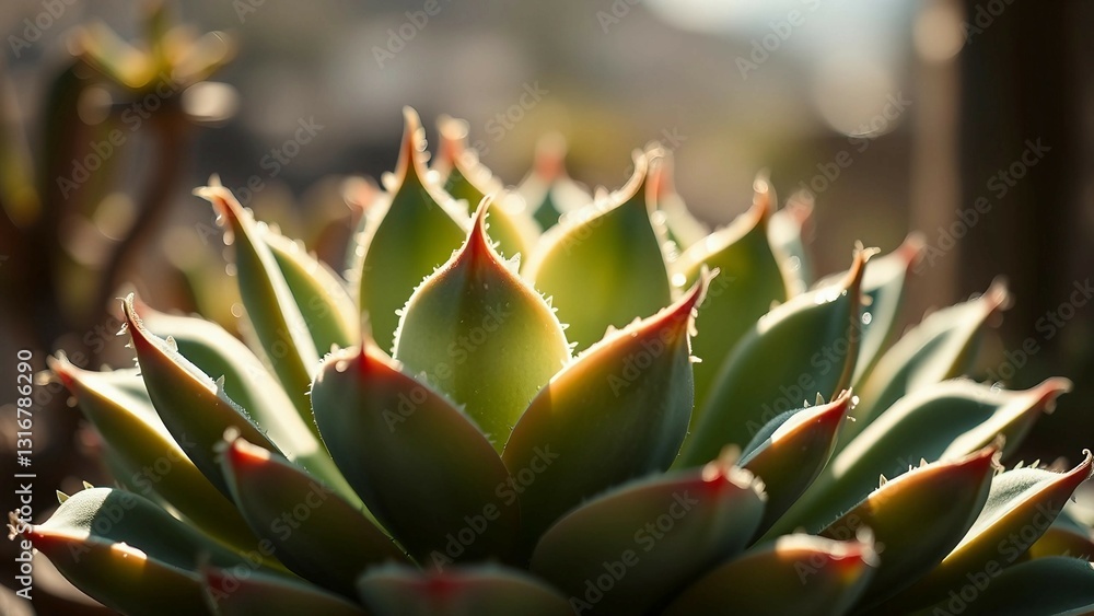Scene showcases play of light and shadow on succulent leaves emphasizing their water storage capabil