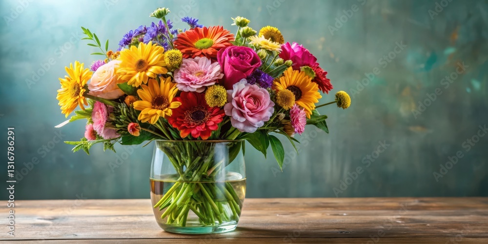 Beautiful bouquet of various colorful flowers in a glass vase, beautiful flowers, decorative centerpiece Beautiful bouquet of various colorful flowers in a glass vase, beautiful flowers, decorative centerpiece