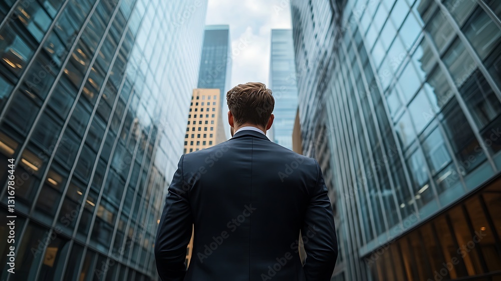 Businessman standing between skyscrapers. Businessman standing between skyscrapers.