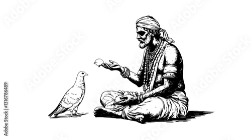 Humble connection between a sage and a dove illustrating the harmony of nature and spirituality in a tranquil setting