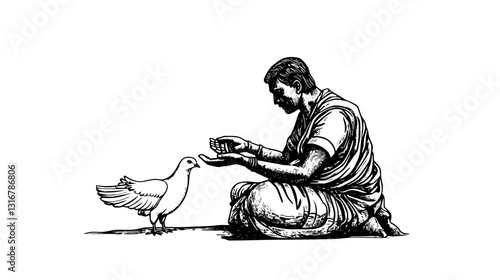 Gentle interaction between a man and a bird in a tranquil setting during the early morning hours