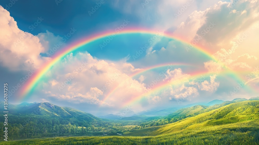 Fototapeta premium Spectacular Double Rainbow Over Lush Green Valley Landscape Under Clear Sky with Gentle Clouds