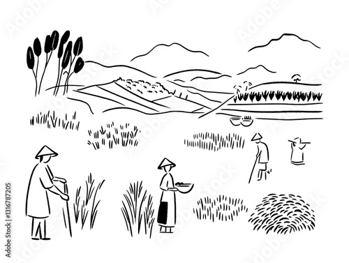 Harvest time in serene fields with traditional farming practices surrounded by mountains and lush landscapes under a clear sky