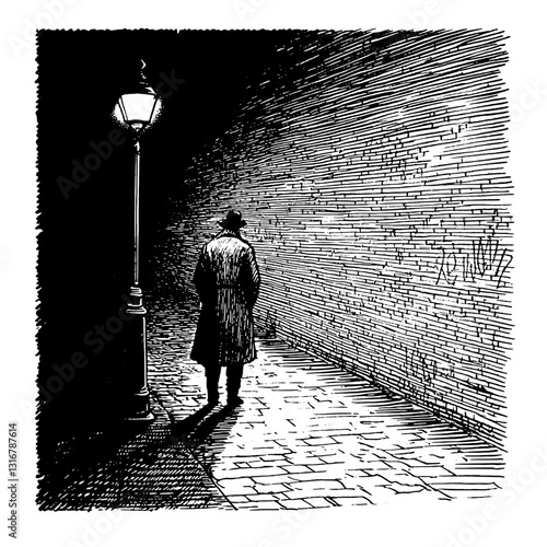 Mysterious figure stands alone under a streetlamp in a shadowy cityscape evoking intrigue and solitude at night