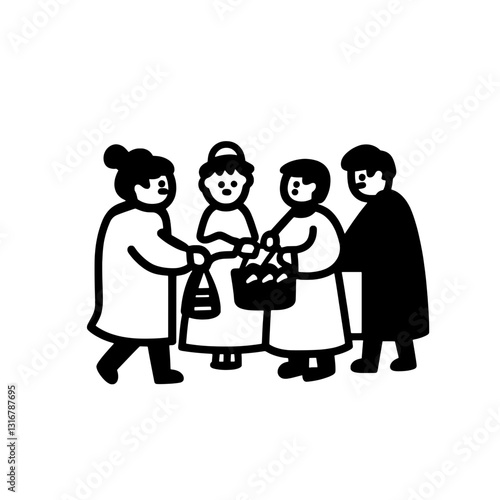 Community members engaged in a vibrant marketplace exchange during a sunny afternoon gathering