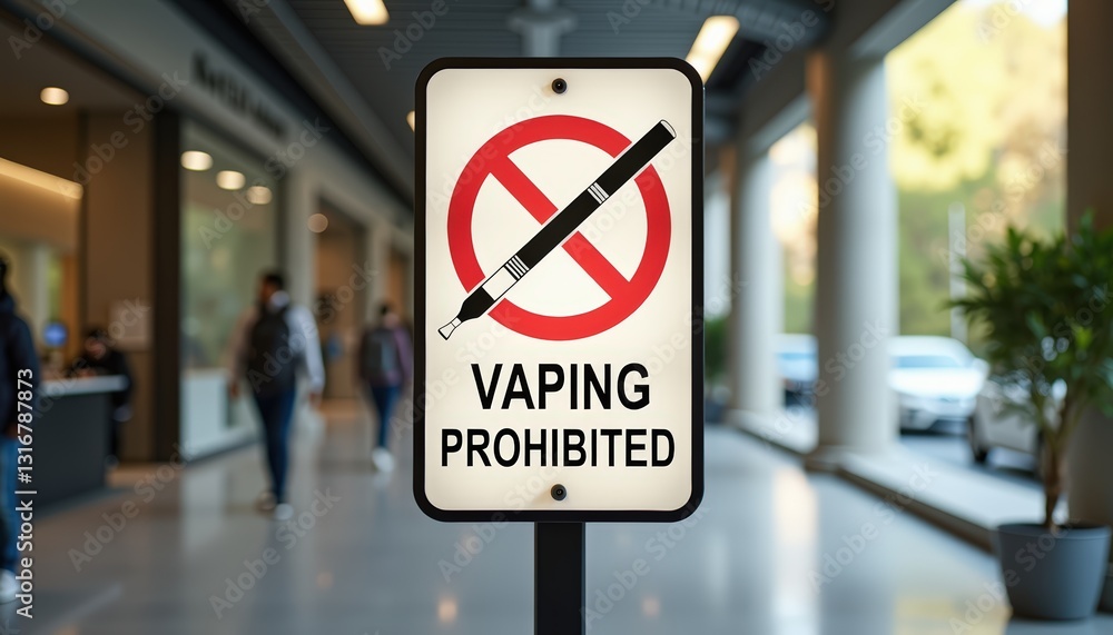VAPING PROHIBITED sign, vape pen crossed out, in public indoor space. World No Tobacco Day. Ban flavored vaping products, restriction from smoking electronic cigarettes. Health risk concept VAPING PROHIBITED sign, vape pen crossed out, in public indoor space. World No Tobacco Day. Ban flavored vaping products, restriction from smoking electronic cigarettes. Health risk concept
