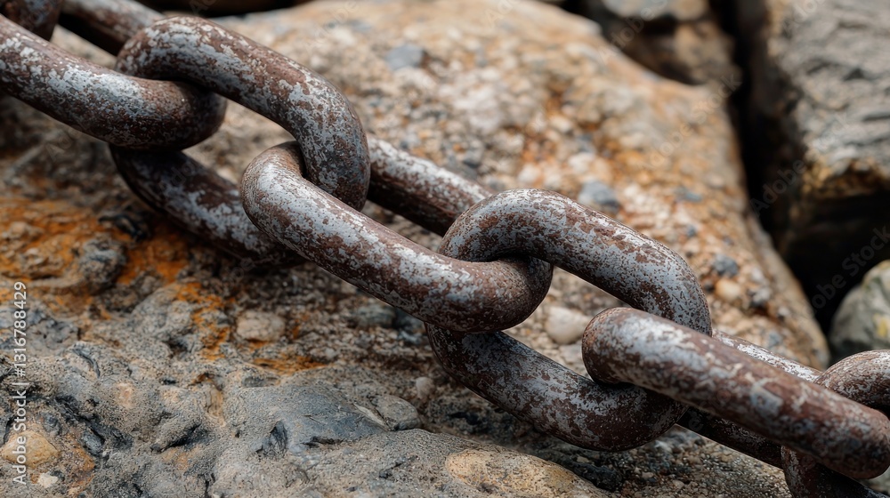 Rusty Chain on Weathered Rocks: A Study in Texture and Time Rusty Chain on Weathered Rocks: A Study in Texture and Time